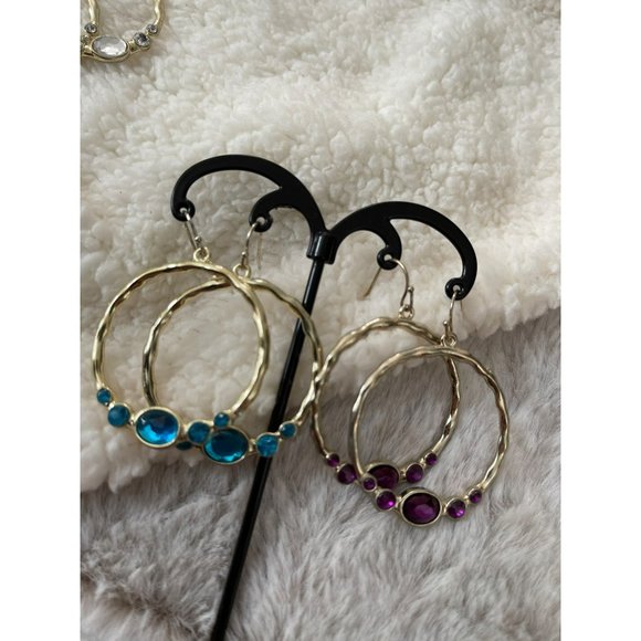 Vintage Gold Tone Faux Gemstone Hoop Dangle Earrings - 3 Pairs - Picture 4 of 8